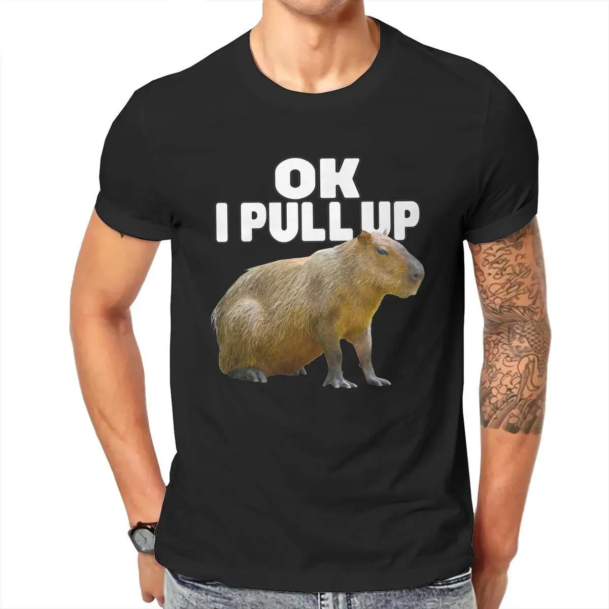 Ok I Pull Up Capybara  T-Shirt for Men  Vintage Cotton Tee Shirt O Neck Short Sleeve T Shirt Printed Tops