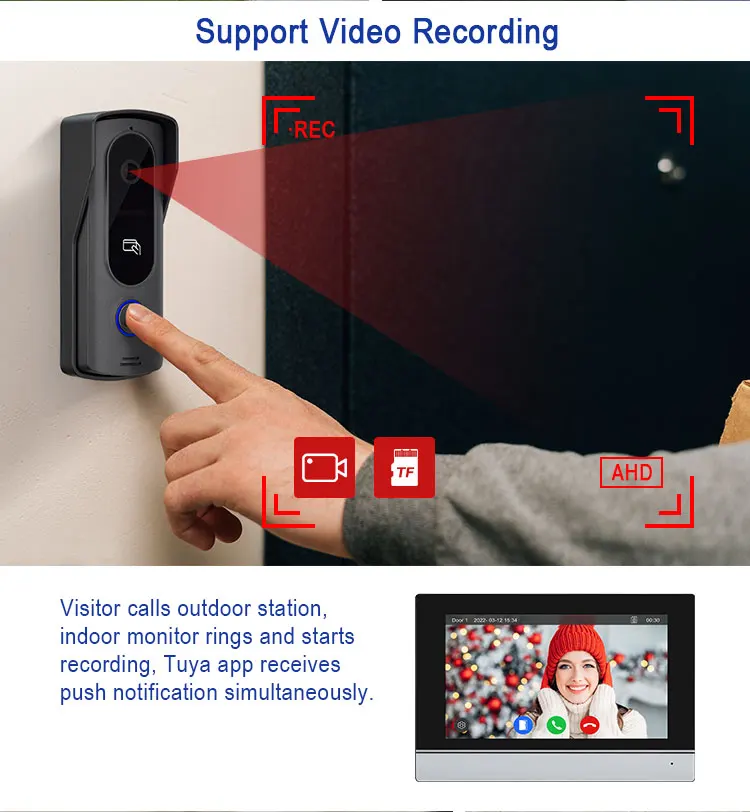 Фото Видеодомофон Tuya Wifi с 7-дюймовым HD-монитором, 4-проводным подключением, RFID, металлической ИК-камерой, двусторонней аудиосвязью и разблокировкой через приложение №2