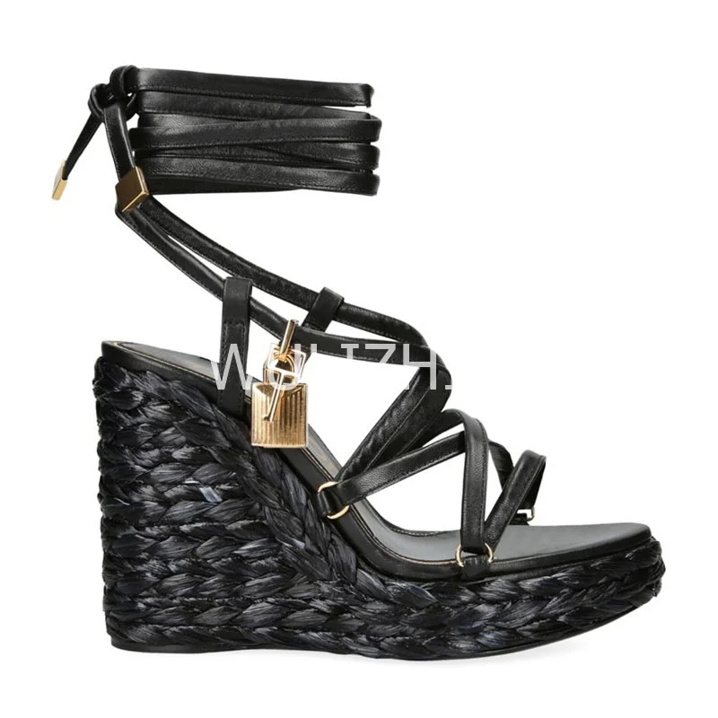 

Black Wedge Metal Buckle Sandals Espadarille Leather Wrap Lace Platform Woven Rose Gold Heels Sexy Luxury Round Slingback Shoes