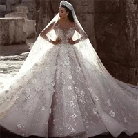 ball gown wedding dress luxurious princess long sleeves 3d flower appliques sequins bridal gowns plus size vestido de novia