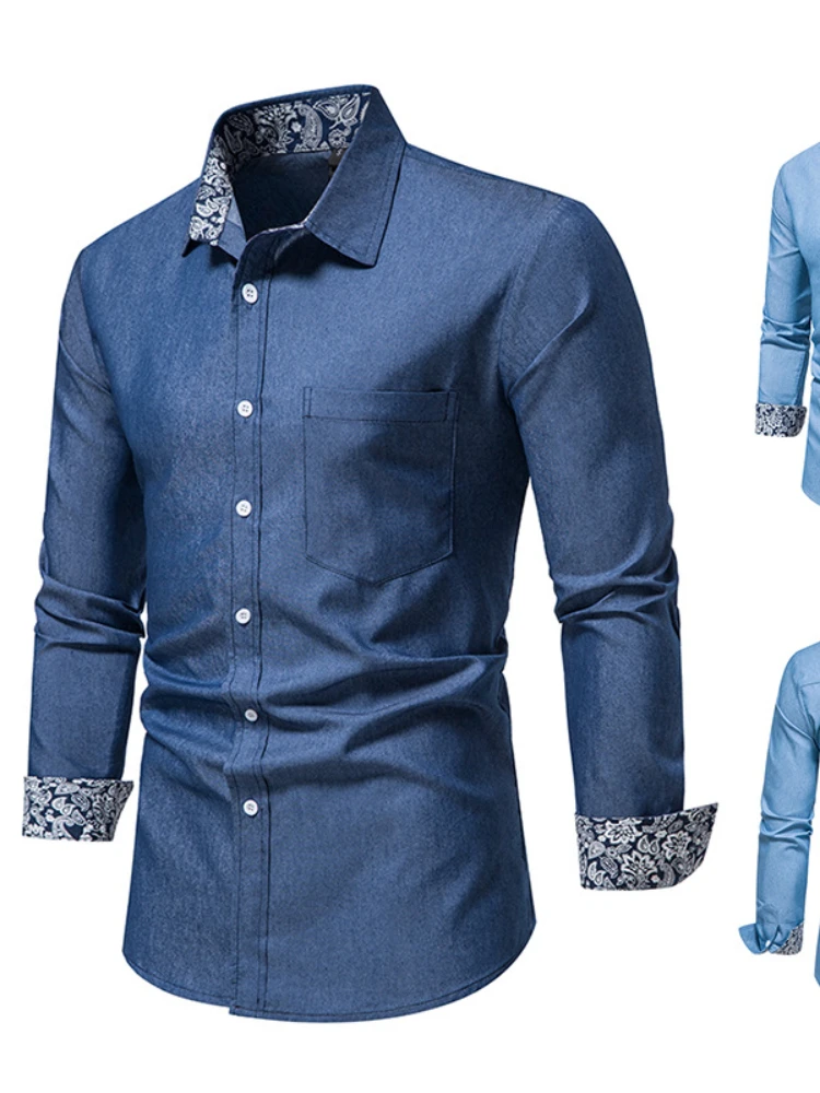 Long Sleeve Denim Shirts Fashion Men's Contrast Color Slim Fashion Men's Button-Up Shirts 2022 New Business Professional Shirts