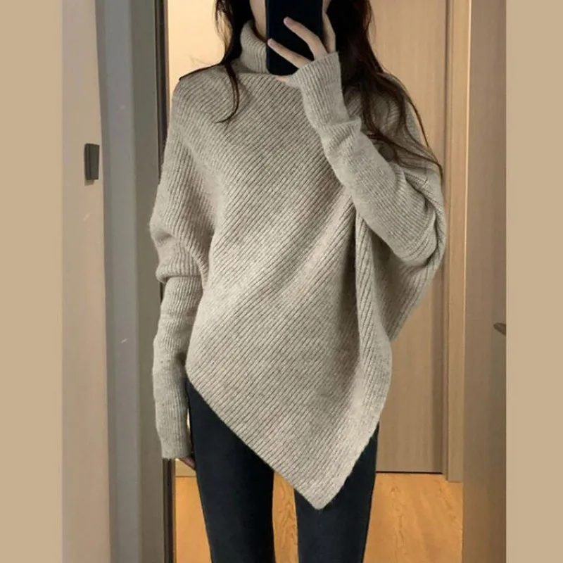 

Autumn Winter New Turtleneck Irregular Niche Design Sweater Women's Loose Soft Glutinous Knitted Top Thick Sweater Women