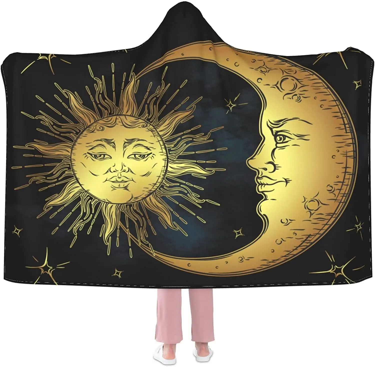 

Boho Sun Moon Stars Hooded Blanket Anti-Pilling Flannel Wearable Blanket Hoodie-Plush Warm Throw Blankets for Kids Adults Teens