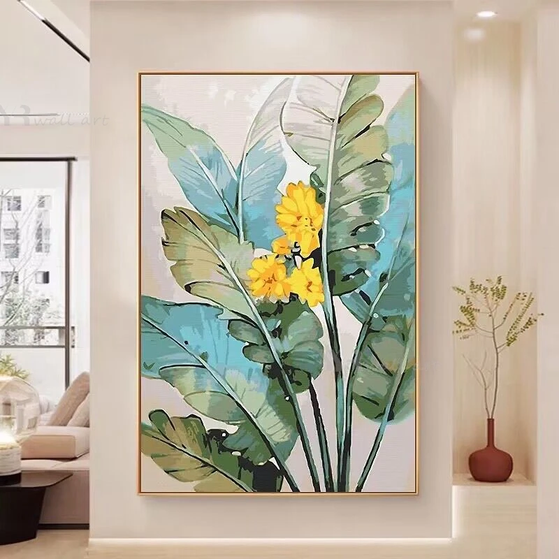 

Абстрактная картина в скандинавском стиле ручной работы, картина маслом, желтый цветок, листья банана, домашнее украшение, спальня, столовая, гостиная, фреска