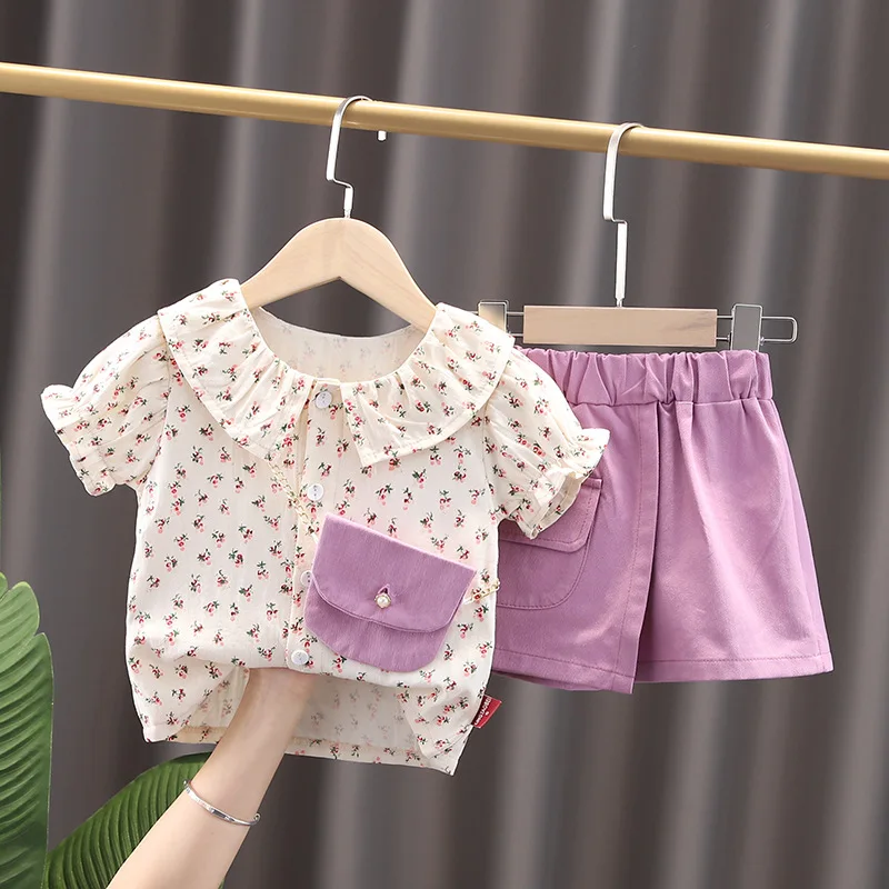 

Toddler Girl Clothes Set Fashion Children Suit Sweet Cute Flowers Floral Short Sleeves Buttons Bag 3-piece Infant Casual Outfit