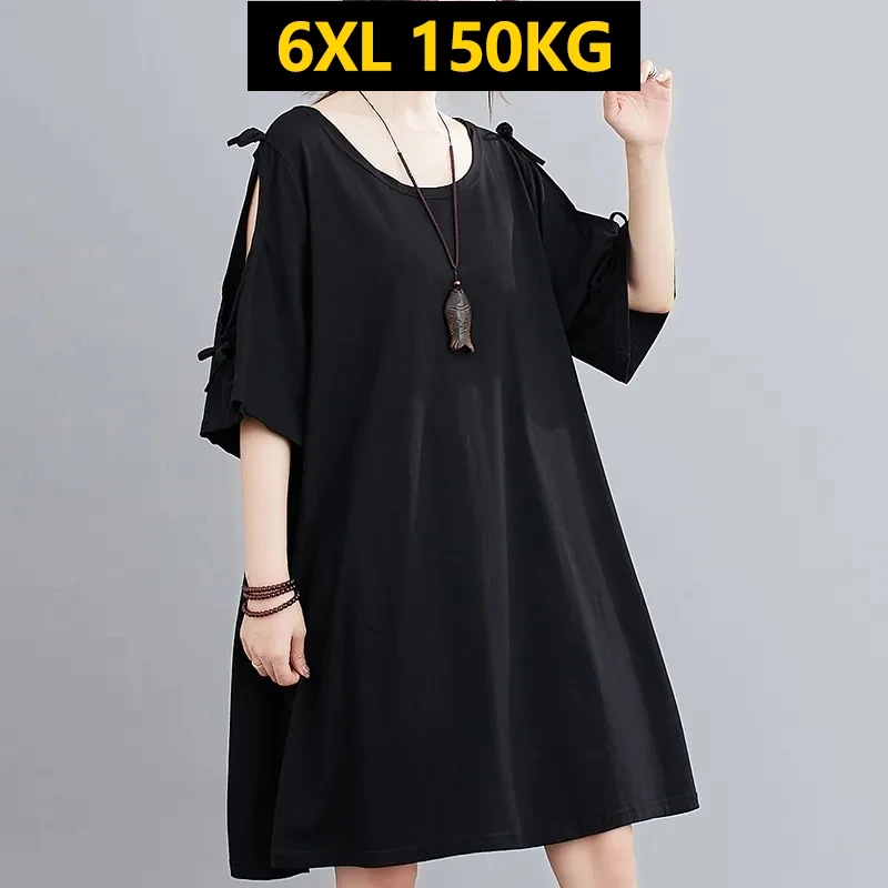 

E GIRLS size 8XL 150KG Summer Black Dress O Neck Short Sleeve Dress Strapless Ladies Dresses Large Size Women Clothing E GIRLS