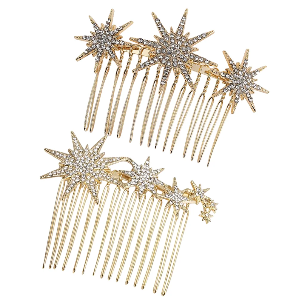 

2 Pcs Rhinestones Snowflake Hair Comb Bride Accessories Clip Metal Girls Hairpin