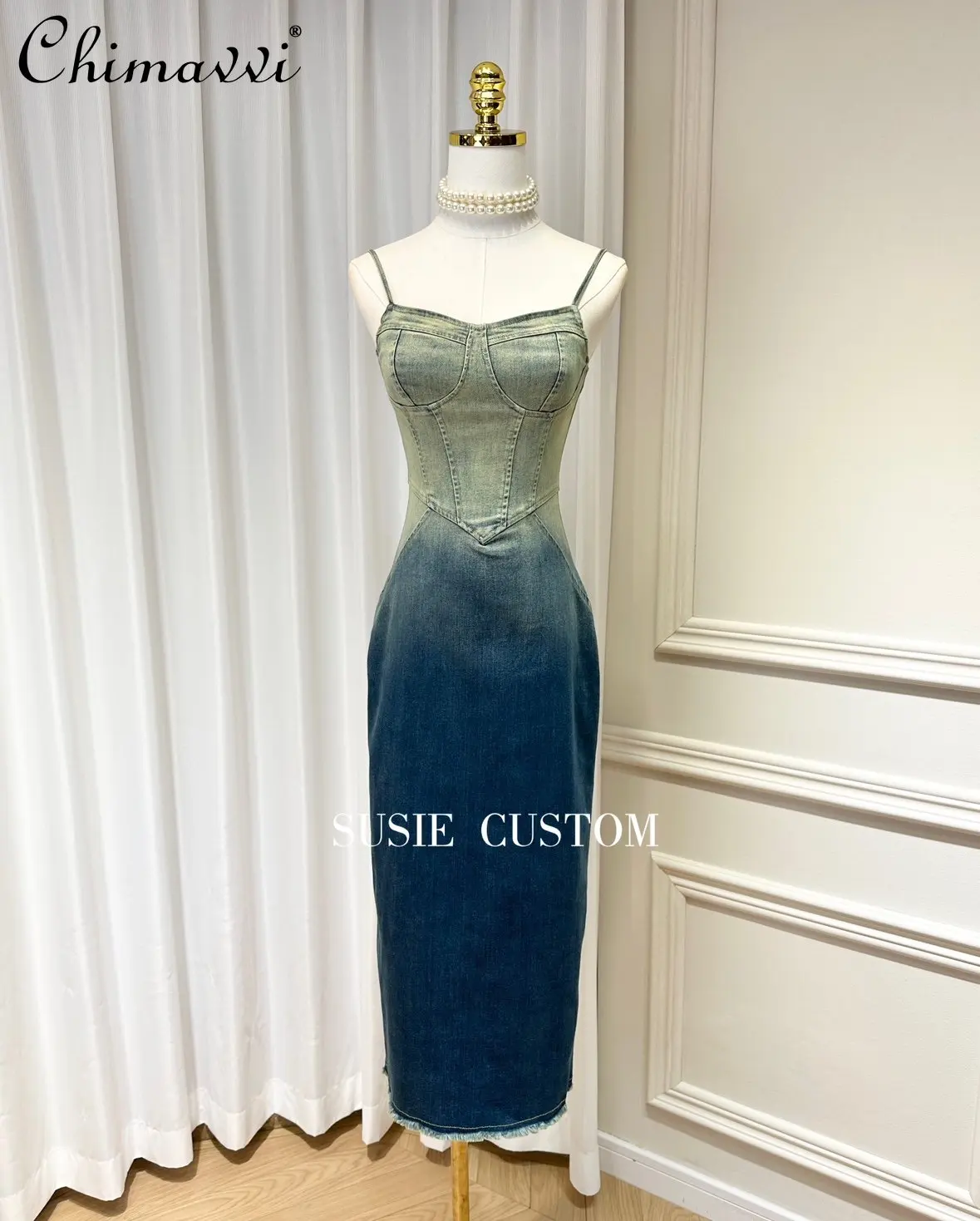 2023 Spring Summer New Three-Dimensional Chest Gradient Dyed Tight Waist Sheath Mid-Length Split Denim Suspender Dress for Women
