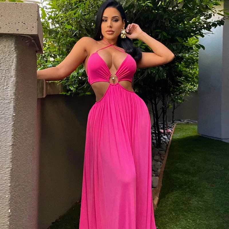 

Zoctuo Beautiful Off Shoulder Cut-Out Keyhole Slit Maxi Dresses Summer Halter Neck Open Back Chffion Dresses Holiday Outfits
