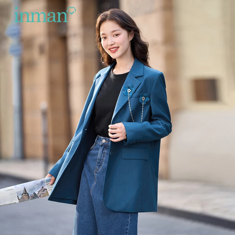 INMAN Women Blazer 2023 Autumn Long Sleeves Lapel Loose Coat Single Breasted Fashion Classics Versatile Navy Jacket Outwear