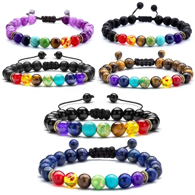 

8mm Yoga Lava Rock 7 Chakras Essential Oil Diffuser Stretch Braided Rope Natural Stone Beads Bracelet