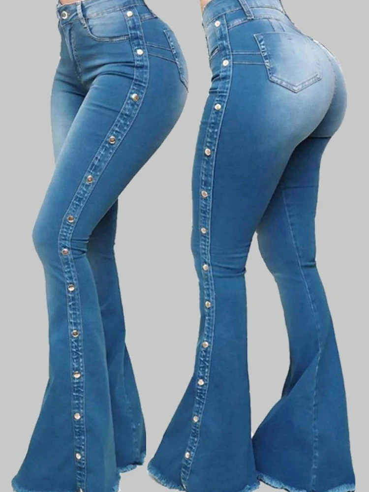 

Женские эластичные джинсовые брюки с высокой талией, Элегантные классические Укороченные расклешенные длинные брюки, модные облегающие од...
