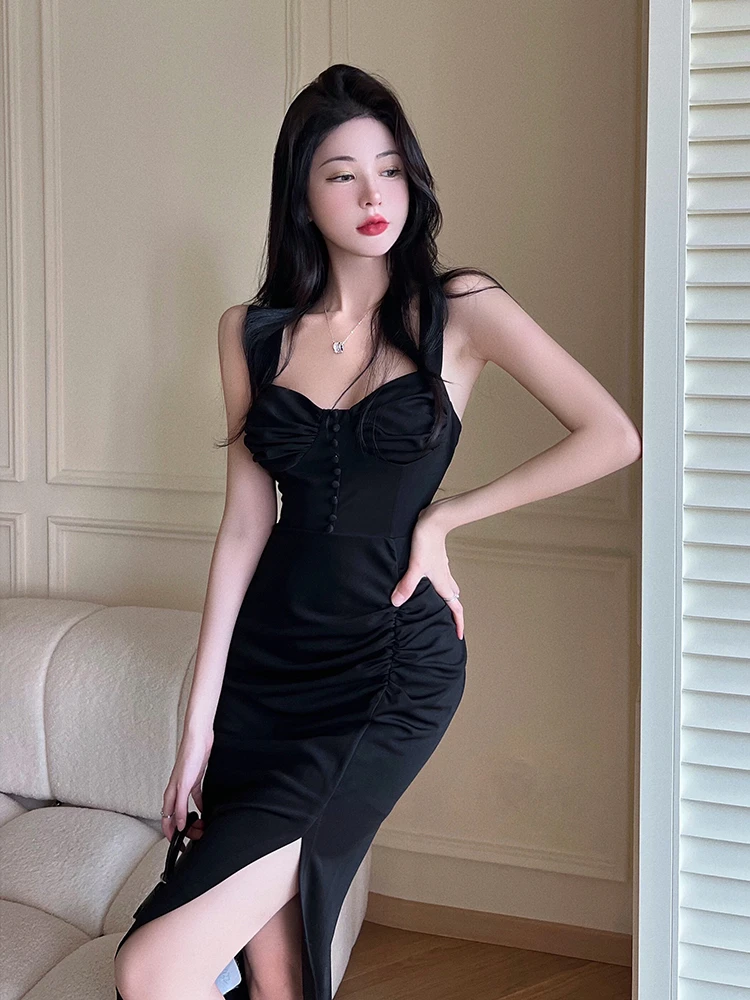 

Woman Dress Split Spaghetti Strap French Style Button Slim Party Dresses Black Sexy Elegant Backless Summer Fashion