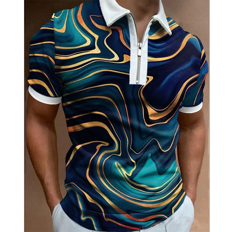 

Fashion Men's Clothing Polo Shirts Casual Turn-Down Collar Zipper Golf Party Stripe Print Short Sleeve Tee Shirt Men Polos Tops
