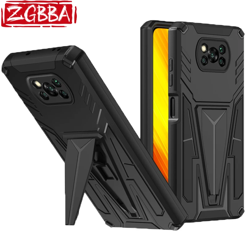 

ZGBBA Shockproof Car Holder Phone Case For Xiaomi POCO X3 NFC M3 Pro Armor Kickstand Back Cover For Xiaomi Mi 10i 10T Lite 5G
