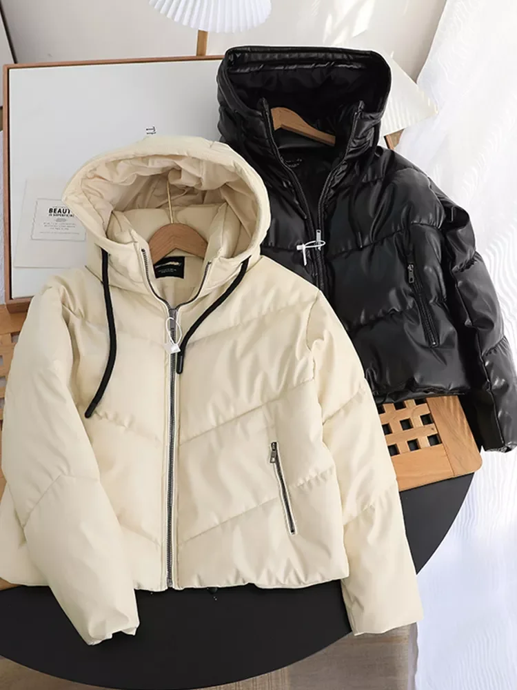 

Свободные женские парки из искусственной кожи, модные пальто из искусственной кожи с капюшоном, женские элегантные однотонные хлопковые ку...