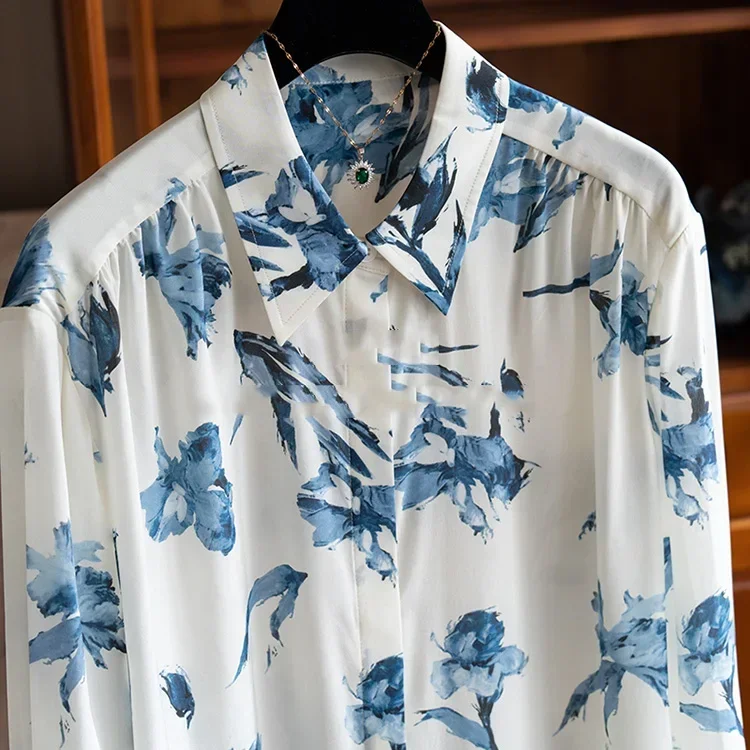 Женская Повседневная Рубашка С Цветочным Принтом Синяя Офисная Блузка Длинным