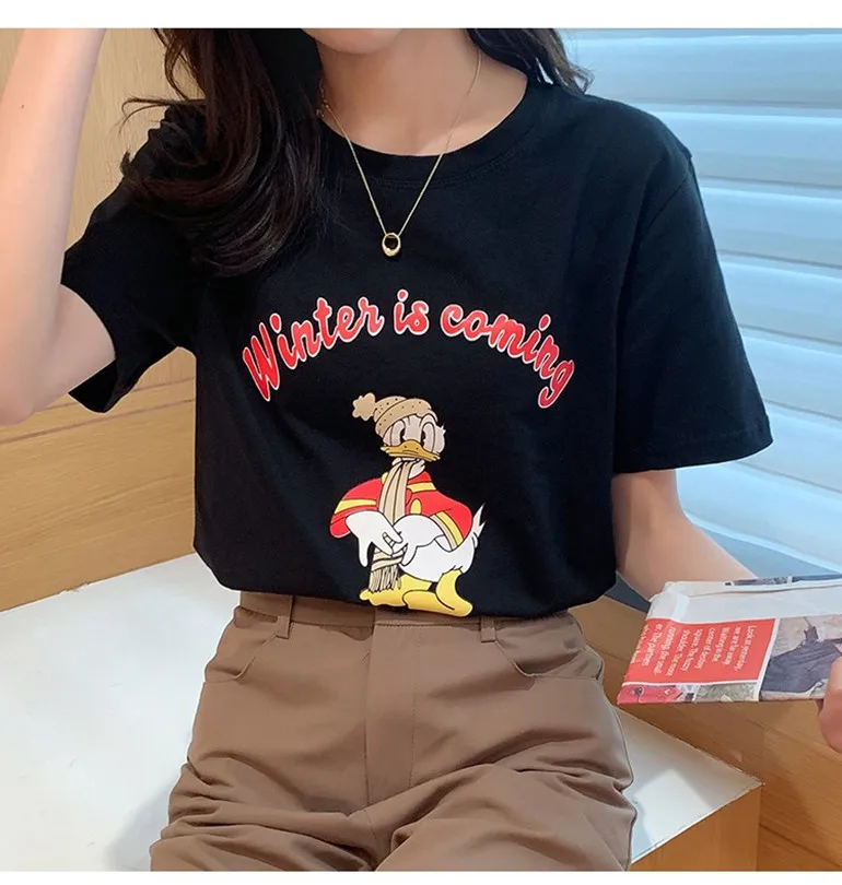 

2023 Summer Cotton Women Tees O-Neck Casual Tshirt Duck Letter Printed Short Sleeve Shirts Women's Tops