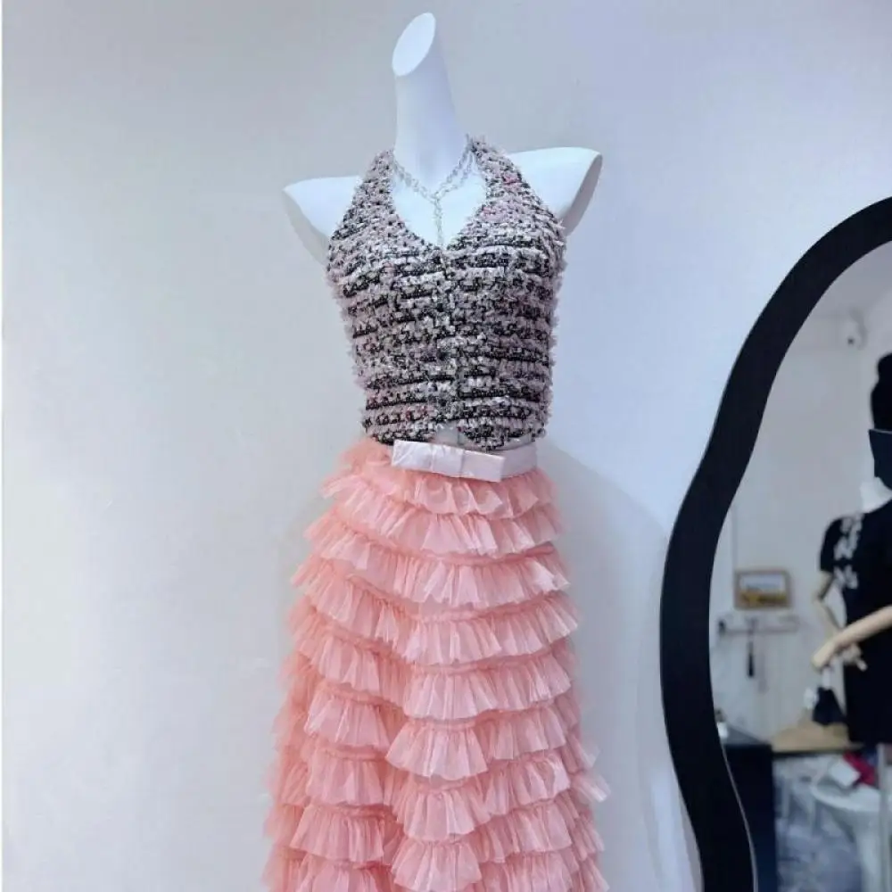 Пикантный женский розовый твидовый тканый жилет на бретельках без рукавов