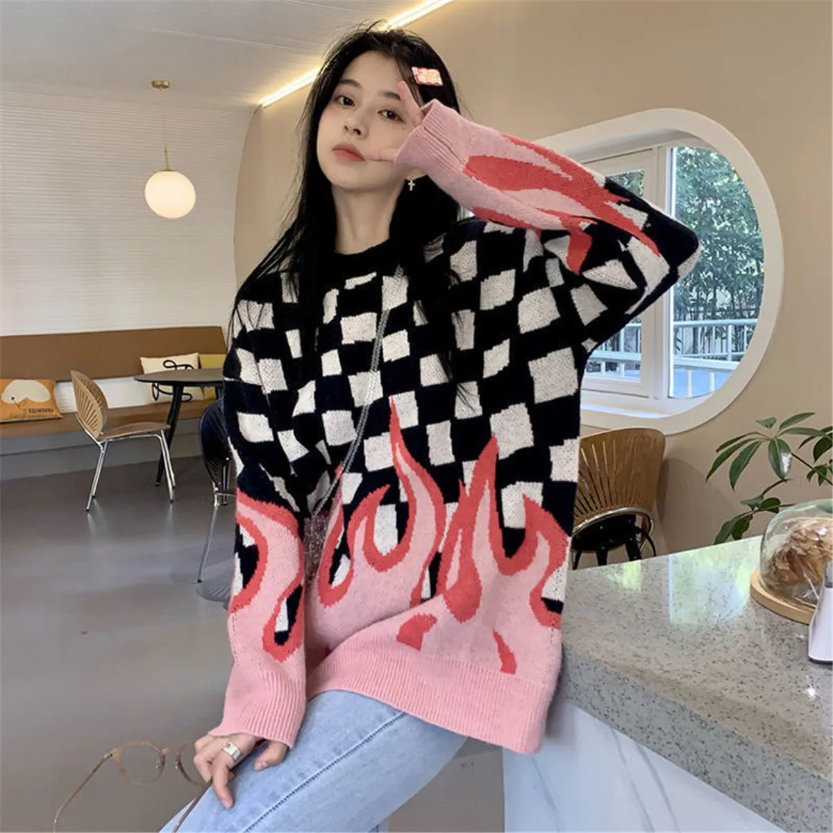 

Cool Flame Autumn Knitted Female Pullovers Sweater Long Sleeve Streetwear O-Neck Amine Women Warm Funny Spring Plaid Tops Girls