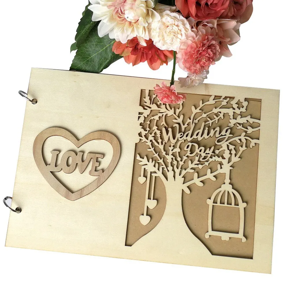 

Handmade Mr & Mrs Love Wedding Guest Book Wooden DIY Signature Sign-in Book with Ribbon Decoration Bridal Engagement Present