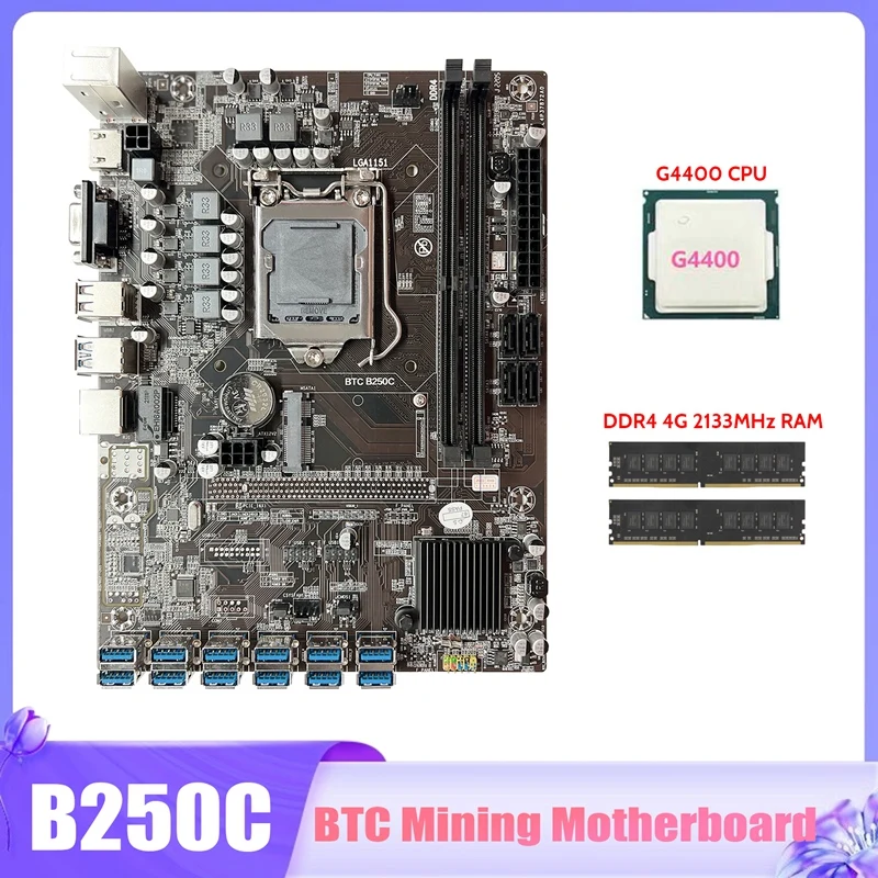 

Материнская плата для майнинга B250C BTC с процессором G4400 + 2XDDR4 4G 2133 МГц ОЗУ 12X PCIE на USB3.0 слот GPU LGA1151 материнская плата для майнинга