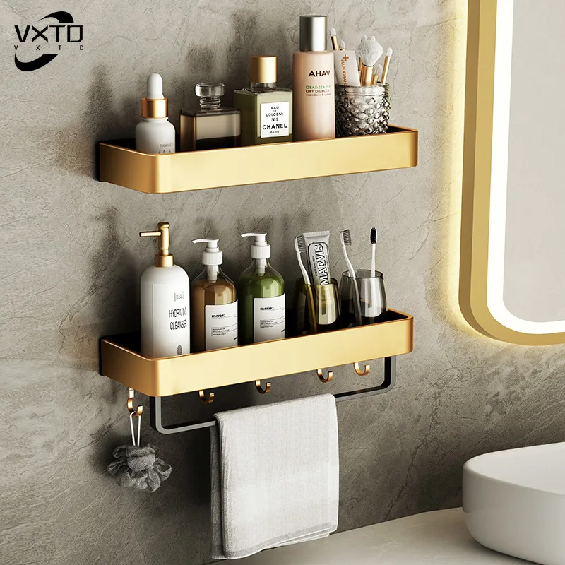 Полка черная золотая для ванной комнаты с держателем полотенец | Дом и сад
