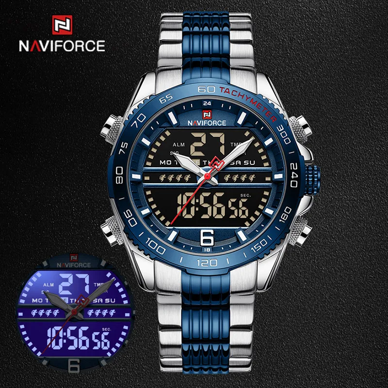 

Часы наручные NAVIFORCE Мужские кварцевые, деловые модные водонепроницаемые с календарем и цифровым циферблатом, из нержавеющей стали