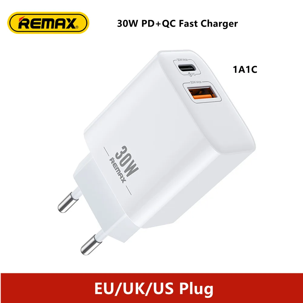 Remax 30 Вт PD + QC быстрое зарядное устройство с вилкой EU/UK/US (опционально) 1A1C USB-A Type-C, Портативный USB-адаптер с двойным выходом для мобильных телефонов