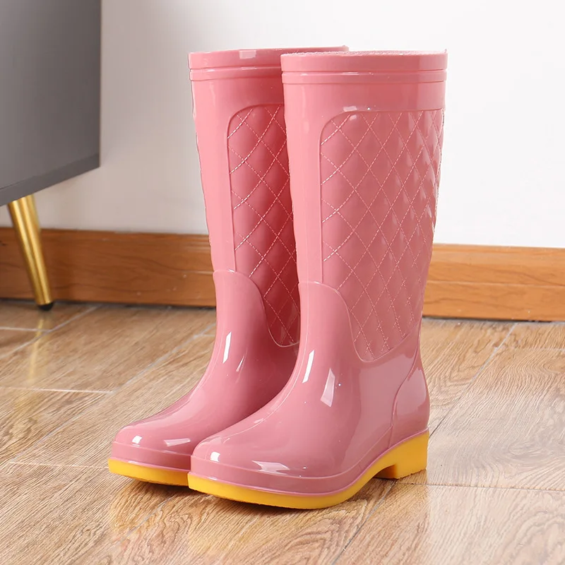 Fashion High Tube Rain Boots Women's Flat Platform Mid-Calf Work Water Shoes Non-slip Waterproof Knee-High PVC Shoes