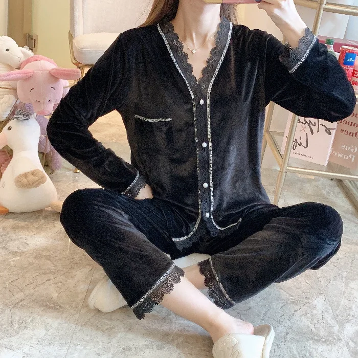 

Women's Autumn and Winter Gold Velvet Long-sleeved Trouser Two-piece Suits Cardigan Cute Sexy Home Pajamas for Women Sleepwear