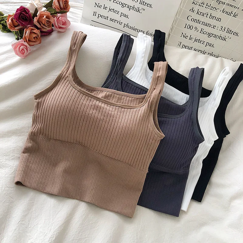 

Seamless Crop Top Women Underwear Wire-Free U-Shaped Camisole Wide Straps Striped Solid Bralette Lingerie New