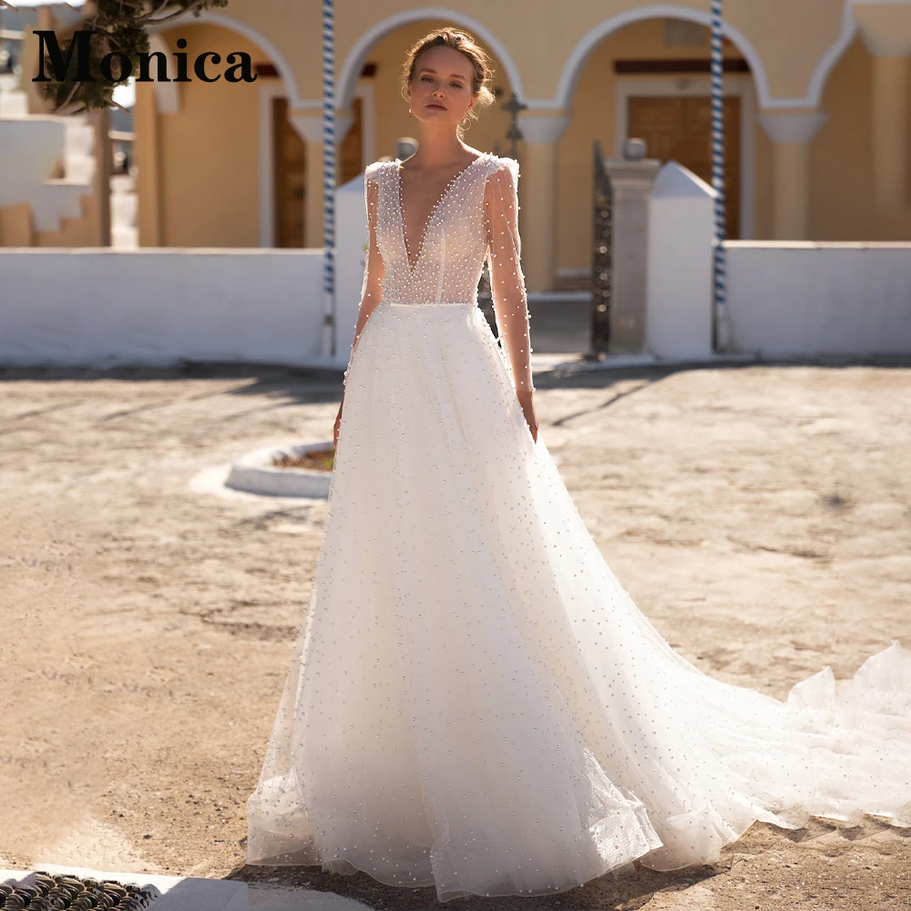 

MONICA Court Train Wedding Dresses For Women 2023 Bride Pearls Full Sleeve V-neck A-LINE Belt Vestido De Casamento Personalised