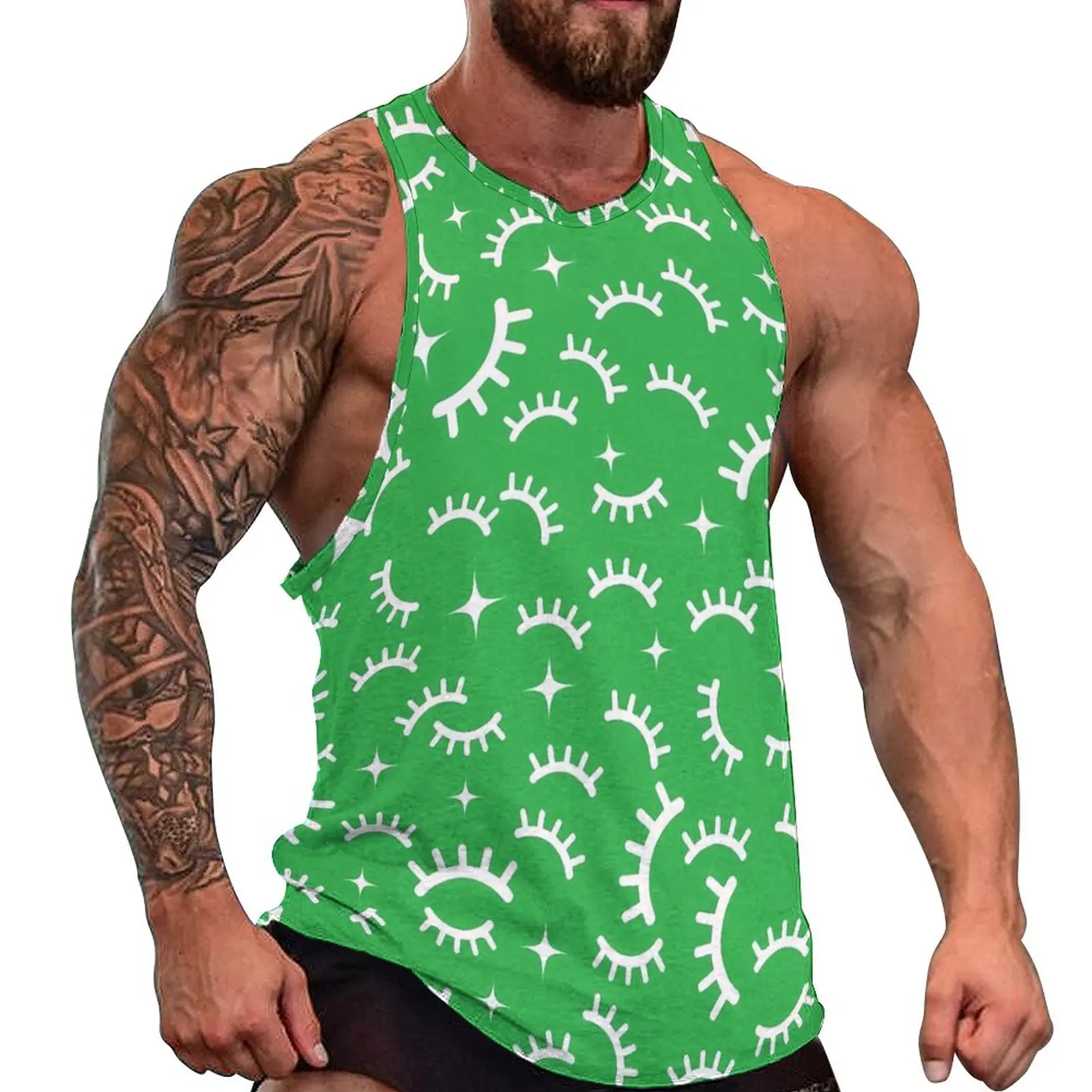 

Eyelashes Print Tank Top Men White And Green Cool Tops Summer Bodybuilding Design Sleeveless Shirts 3XL 4XL 5XL