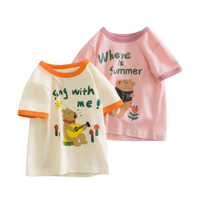 

Girls Short Sleeve T-Shirt Summer 2022 New Children's Casual Western Style Bear Children's Wear Half Sleeve