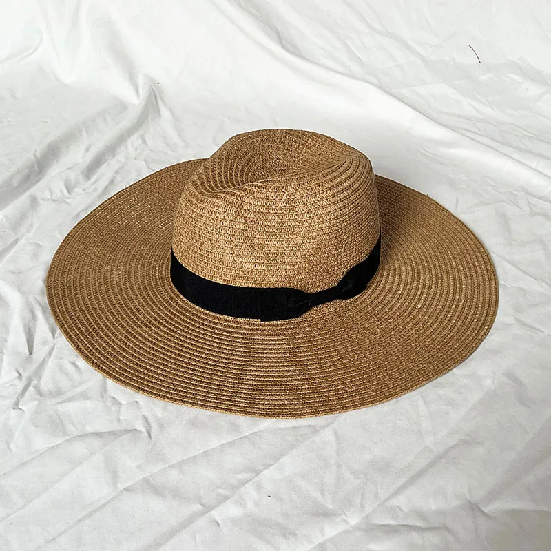 

12CM Big Brim Straw Sun Hat For Women Summer Bow Tie Beach Outdoor Sunscreen Hats Ladies Travel Cap