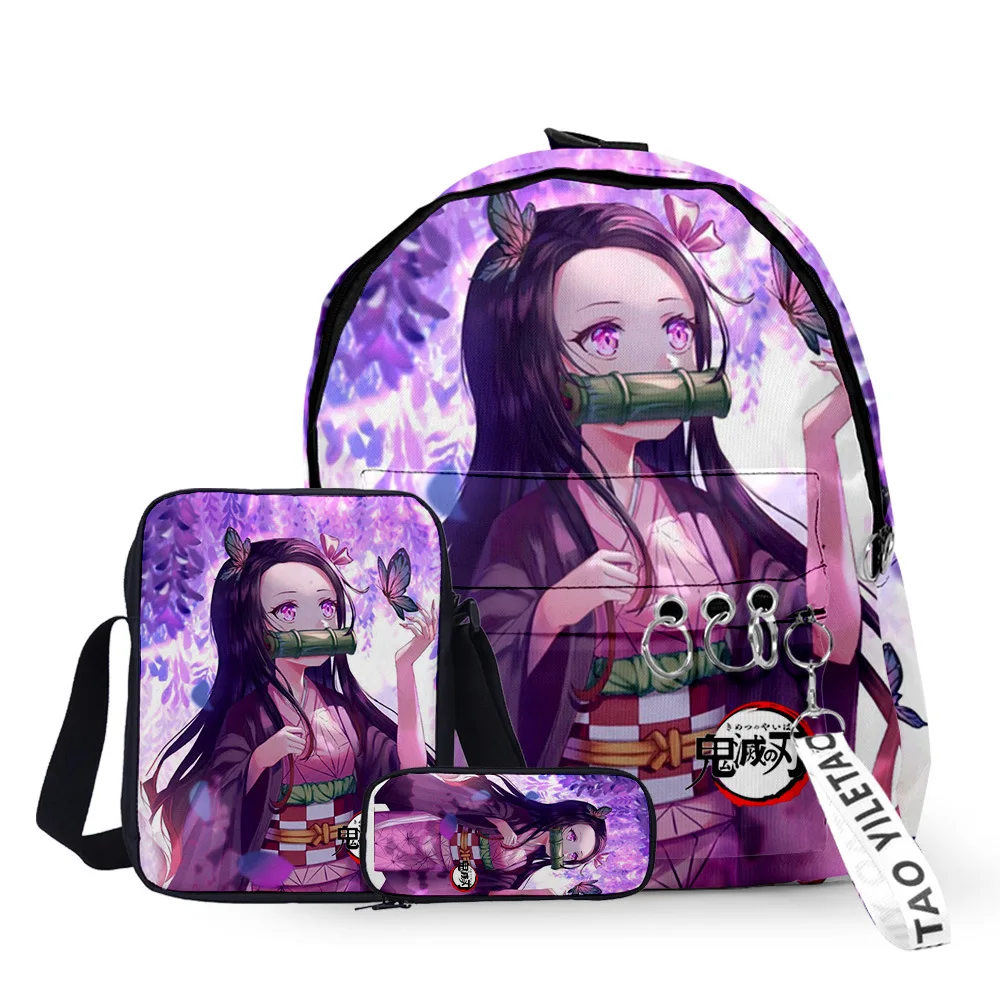 

2023 Students Backpack Anime Demon Slayer Kamado Nezuko School Bag Backpack Satchel Messenger Bag Pen Bag Three Pieces Set Gift