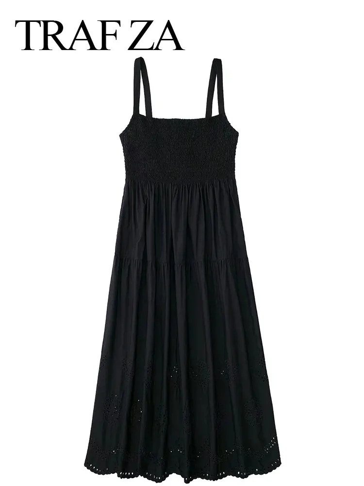 

TRAF ZA Summer Women Sling Dress Solid Black Elastic Chest One Word Collar Sleeveless Backless Stitching Hollow Slim Sexy Dress