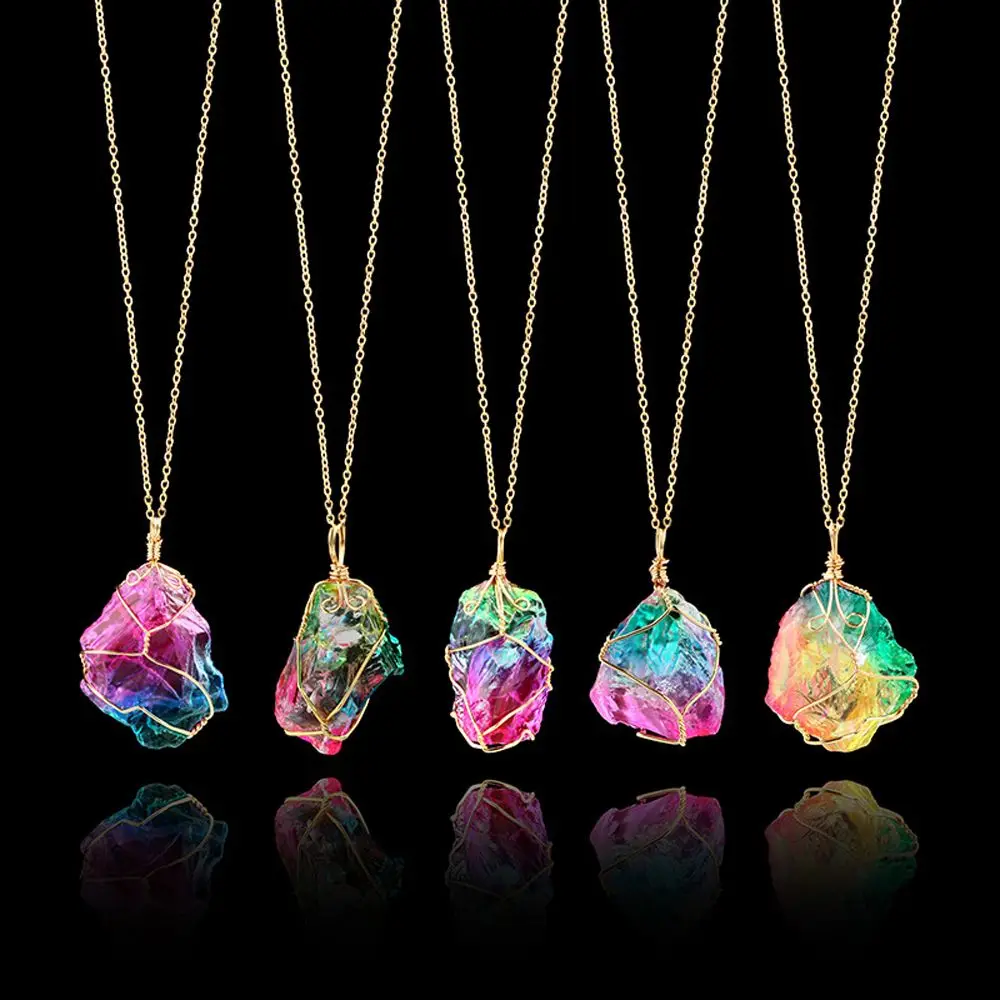 

Women Quartz Rock Chakra Irregular Rainbow Stone Pendant Necklace Jewelry Natural Crystal