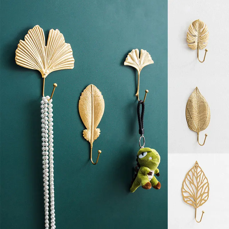 

Metal Leaf Shape Hook Door Wall Wardrobe Clothes Bag Scarf Hanger Keys Creative Mini Hanging Single Coat Decor Golden