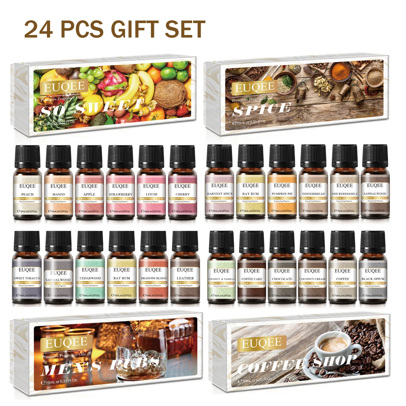 

EUQEE 24 Bottles 10ml Perfume Oils Gift Set Leather Pumpkin Pie Aroma Oil For Aromatherapy Humidifier,DIY,Hair Care,Diffuser