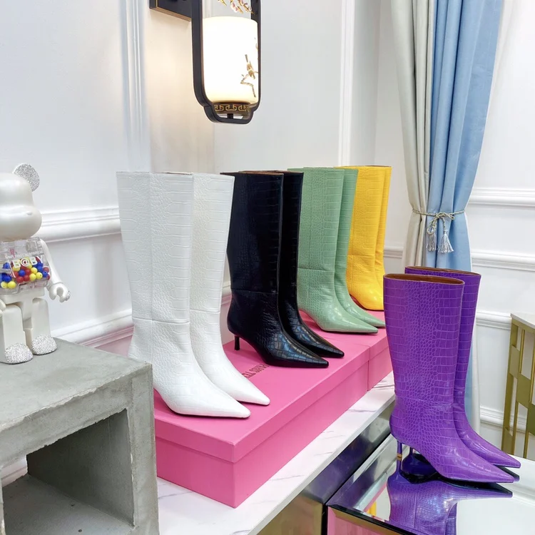 

Paris Texas Embossed Knee-High Pointed Toe Mid Heeled Boots Autumn winter fashion leather Ladies fashion party luxury brand boot