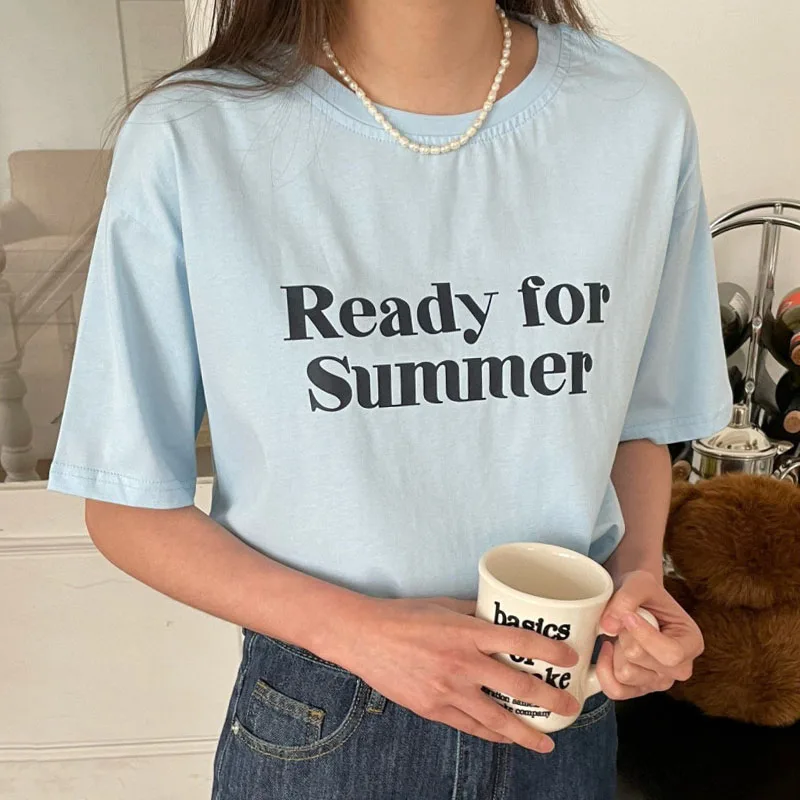 

Корейская мода, шикарная Летняя Повседневная простая свободная футболка с круглым вырезом и буквенным принтом, универсальная женская футб...