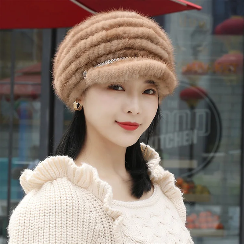 Fashion Women's Fur Cap 100% Mink Knitting With Diamond Knitted Hat Winter Outdoor Leisure Warm Women's Fir Cap