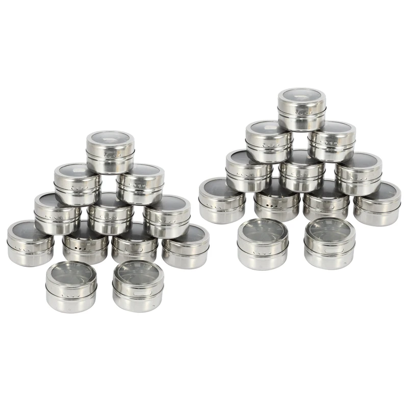 

HOT-24Pcs/Set Clear Lid Magnetic Spice Tin Jar Stainless Steel Spice Sauce Storage Container Jars Kitchen Condiment Holder