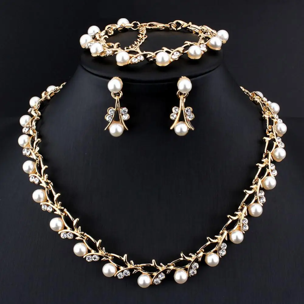 Necklace Earrings Faux Pearl Elegant Gift Rhinestone Bracelet Bridal Jewelry Gift