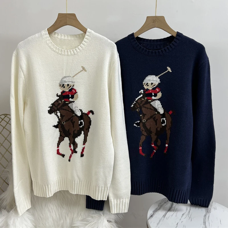 

American RL Horse Riding Bear Embroidery Men Sweater Fashion Casual Loose Knit Couple Street Vintage Pullover Streetwear Unisex