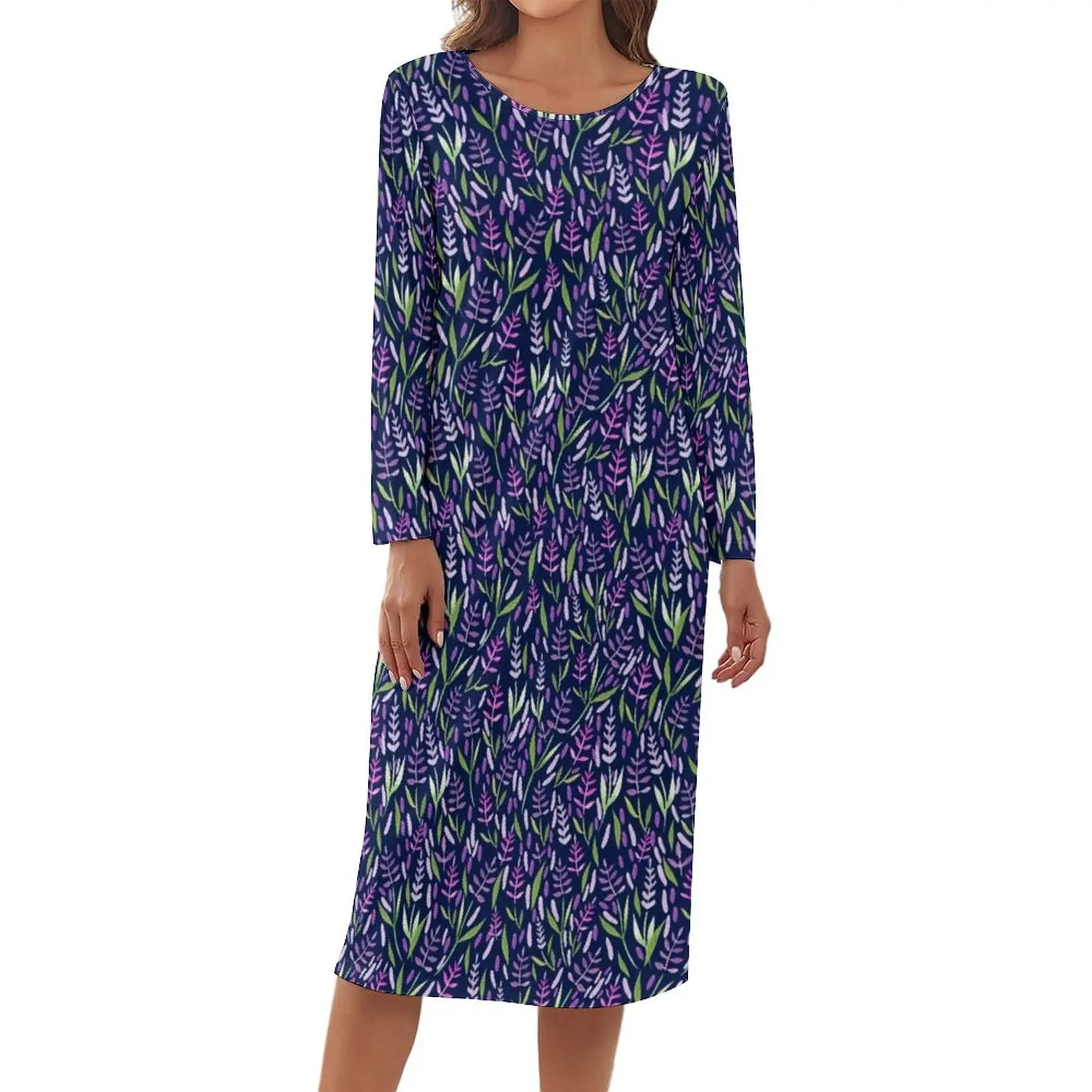 

Purple And Pink Lavender Pajamas Watercolor Floral Print Pattern Kawaii Dresses Long Sleeve Print Nightwear Female Casual Pajama