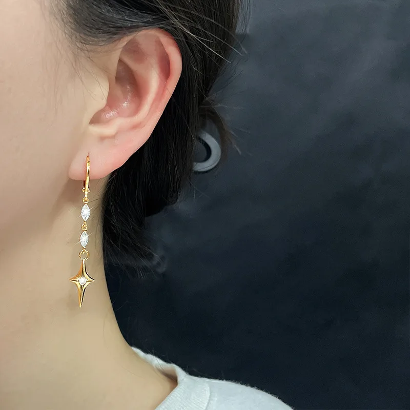

PANJBJ 925 Sterling Silver Diamond Four-pointed Star Golden Long Earrings Design Sense Cross INS Korean Style Jewelry