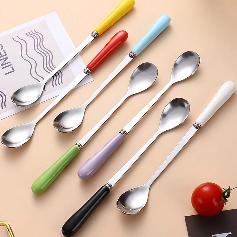 

5PC Ceramic Handle Stainless Steel Coffee Spoon Tableware Ice Cream Stirring Small Spoon Mini Dessert Milk Teaspoon Korean Spoon